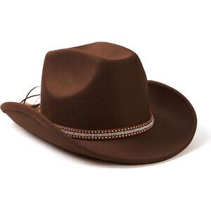 Unisex Brown Western With Rhinestone Band Buckle Classic Fedora Felt Cowboy Hat